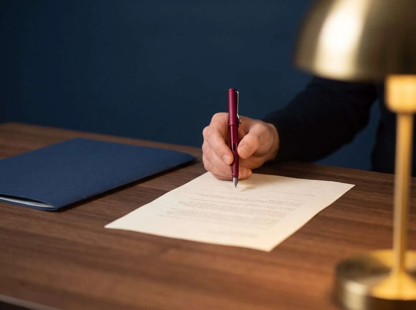 Main tenant un stylo-plume cramoisi au-dessus d’une feuille d’approbation imprimée sur un bureau en noyer, avec un classeur bleu marine et une lampe en laiton à côté