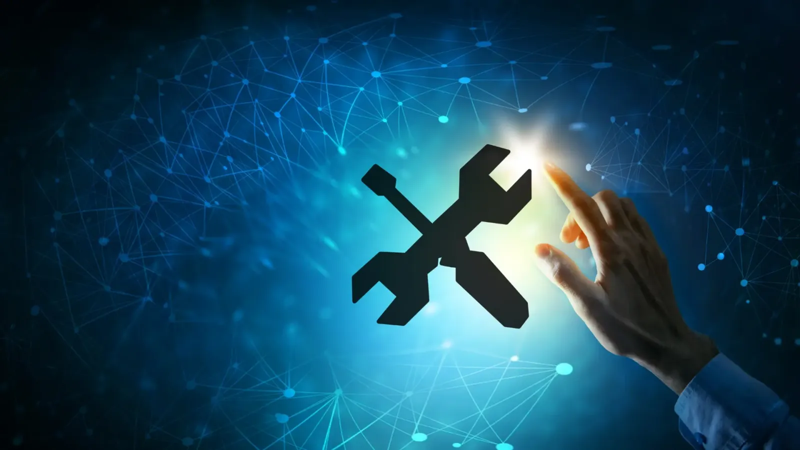 A hand reaching toward a glowing wrench-and-screwdriver icon against a dark blue background of connected dots