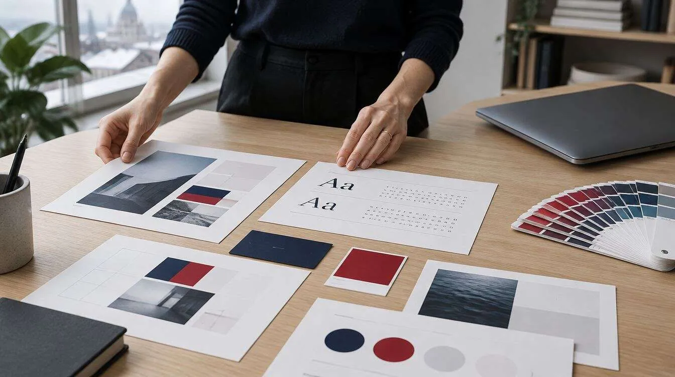 Designer arranging printed brand guideline pages, typography specimens, a navy business card and a crimson color swatch on a pale oak table beside a swatch fan and laptop