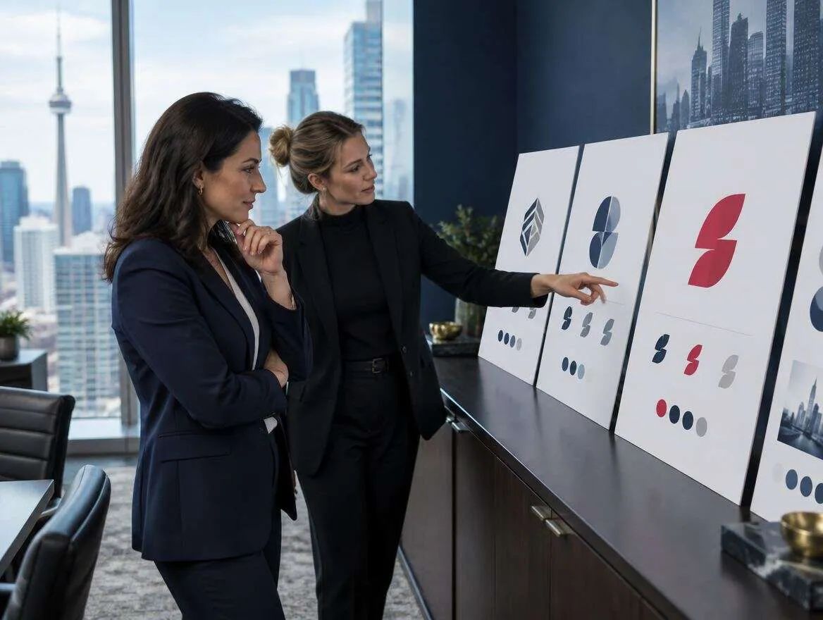 Bank marketing executive in a navy blazer and a brand strategist reviewing logo route boards on a boardroom credenza, one route in crimson, Toronto skyline behind them