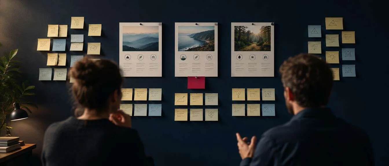 Two strategists seen from behind discussing three positioning routes pinned to a navy workshop wall among sticky notes, one route marked with a crimson card