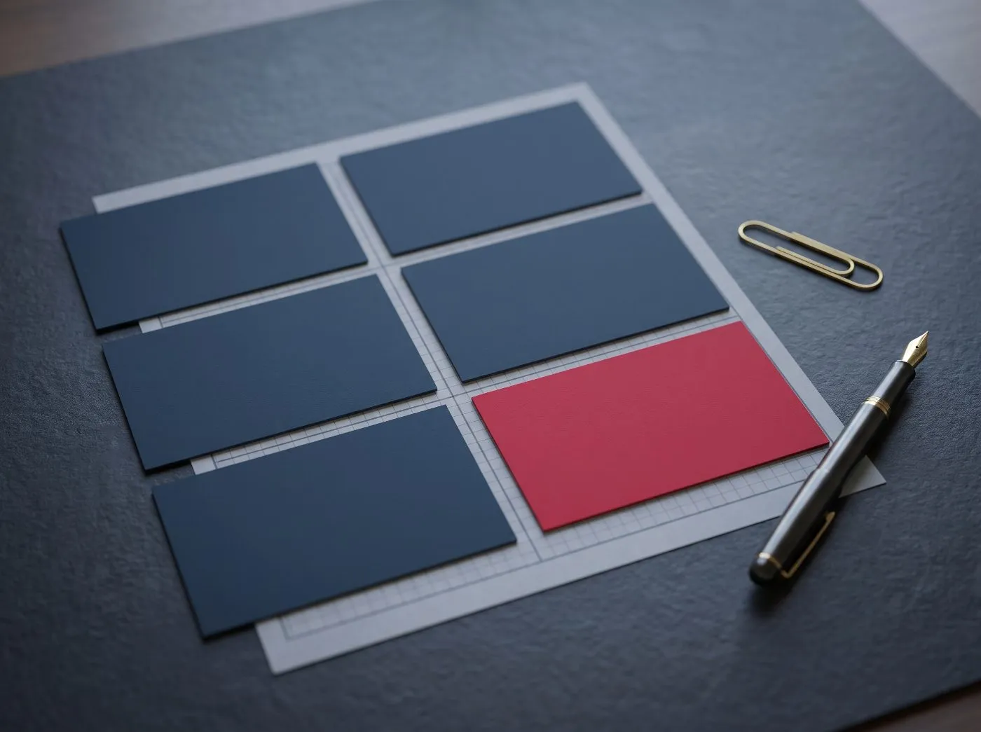 Six cartes d'index bleu marine disposées en éventail sur un bureau ardoise, une carte cramoisie, au-dessus d'une feuille imprimée de matrice de contrôles, représentant un seul ensemble de contrôles cartographié à plusieurs cadres