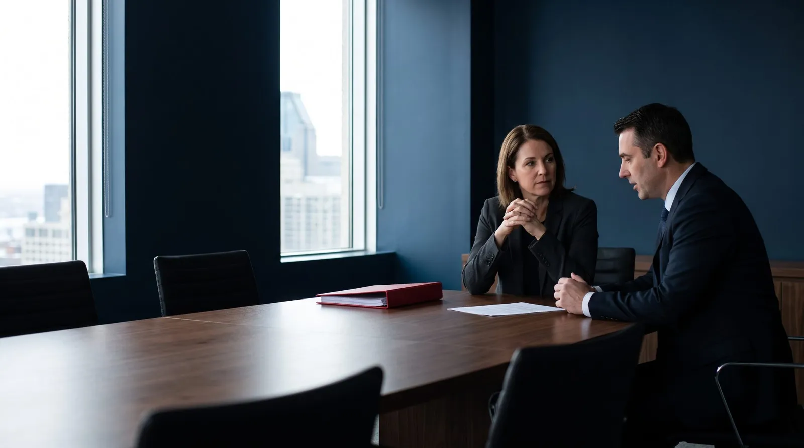 Conseiller en sécurité et dirigeant d’entreprise discutant d’un registre des risques imprimé à une table de salle du conseil en noyer foncé, avec un cartable cramoisi entre eux