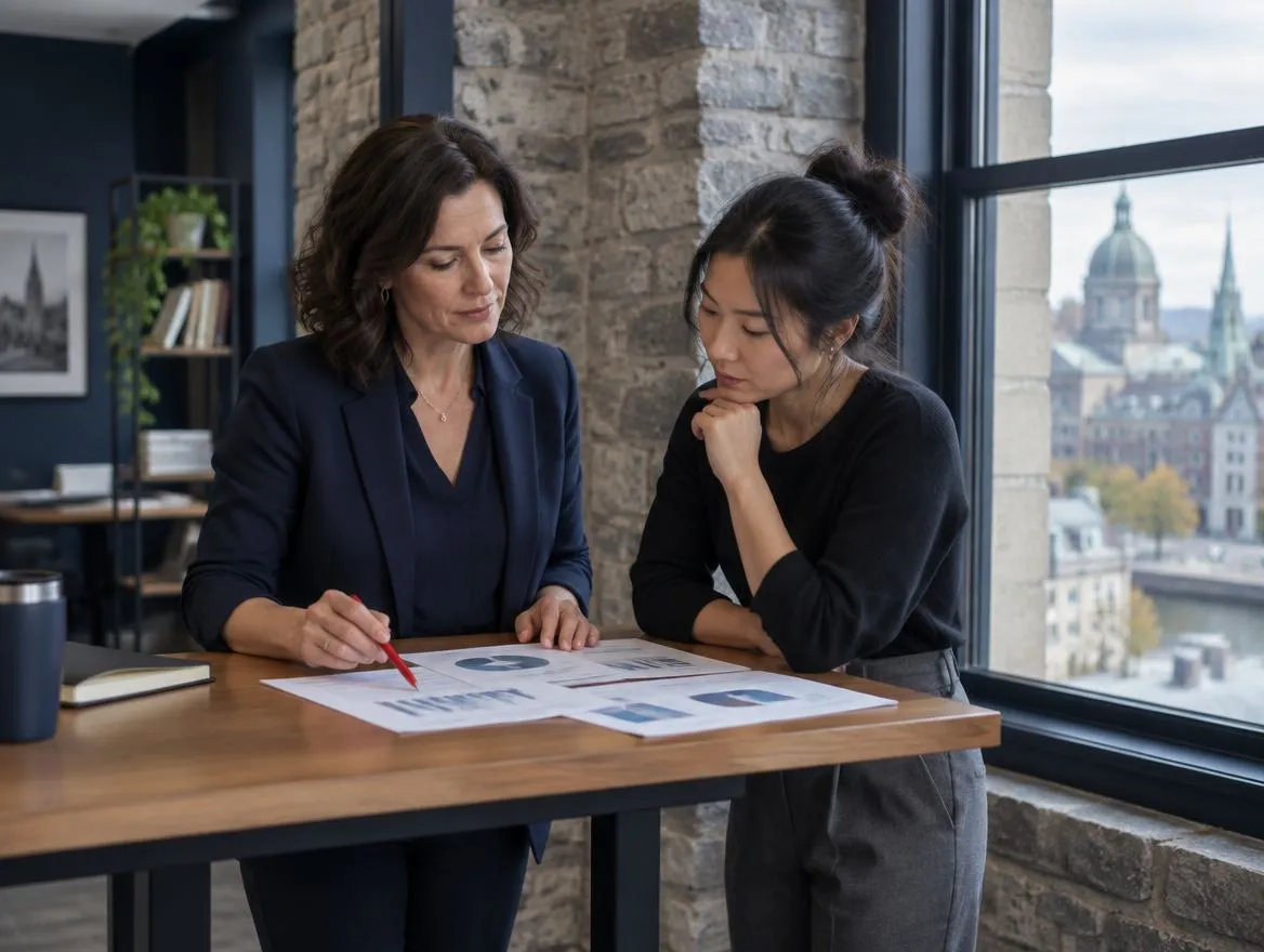 Marketing director with a crimson pen and an agency analyst reviewing printed campaign budget charts at a standing desk beside a window overlooking Old Montréal