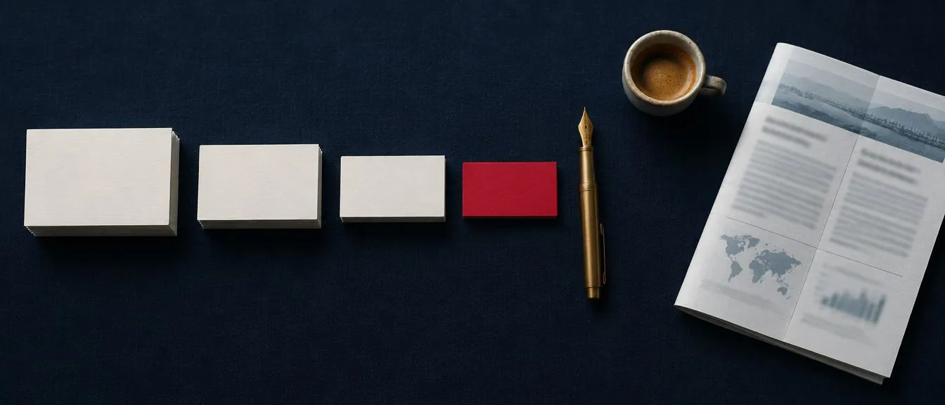 Four stacks of index cards shrinking from left to right on a navy desk, the last one crimson, beside a brass fountain pen, an espresso and a folded printed report