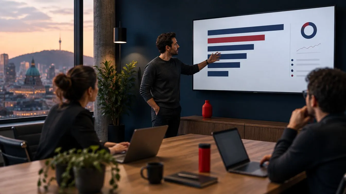 Marketing strategist pointing at a channel attribution bar chart on a wall screen while two colleagues with laptops listen, in a navy-walled meeting room overlooking Montréal at dusk