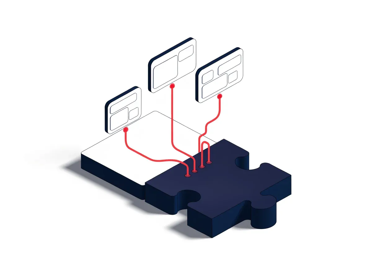 Illustration isométrique d’un module se branchant à une plateforme avec des connexions vers trois fenêtres d’application