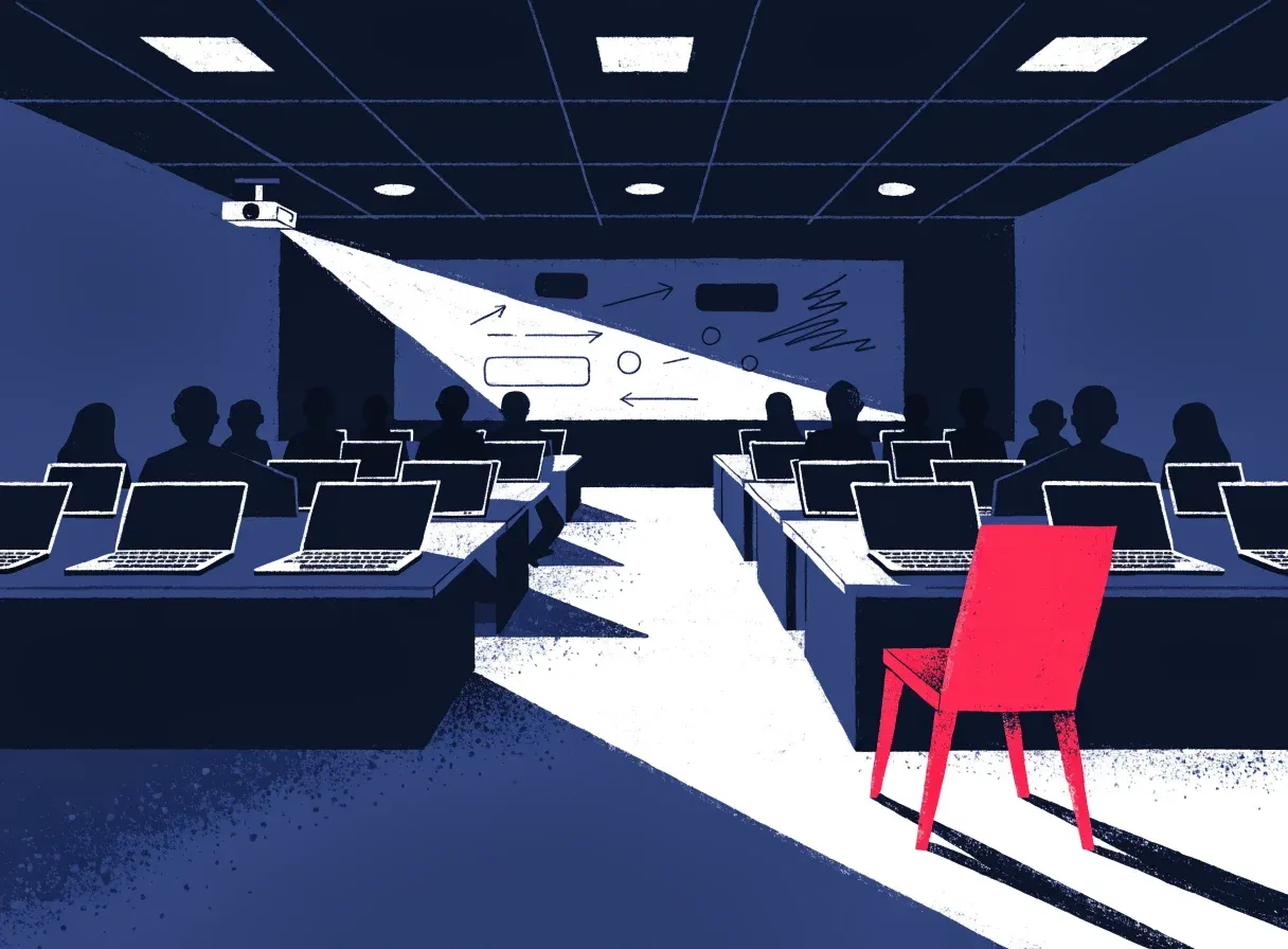 Illustration d’une salle de formation avec un projecteur et des ordinateurs portables