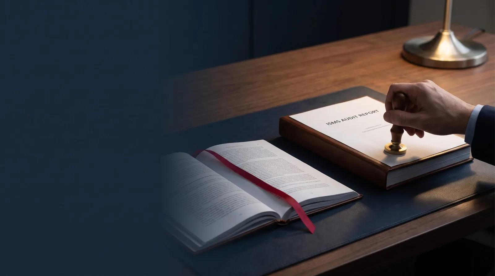 Auditor's hand stamping a bound ISMS audit report with a brass seal on a walnut desk, open standard with crimson ribbon beside it