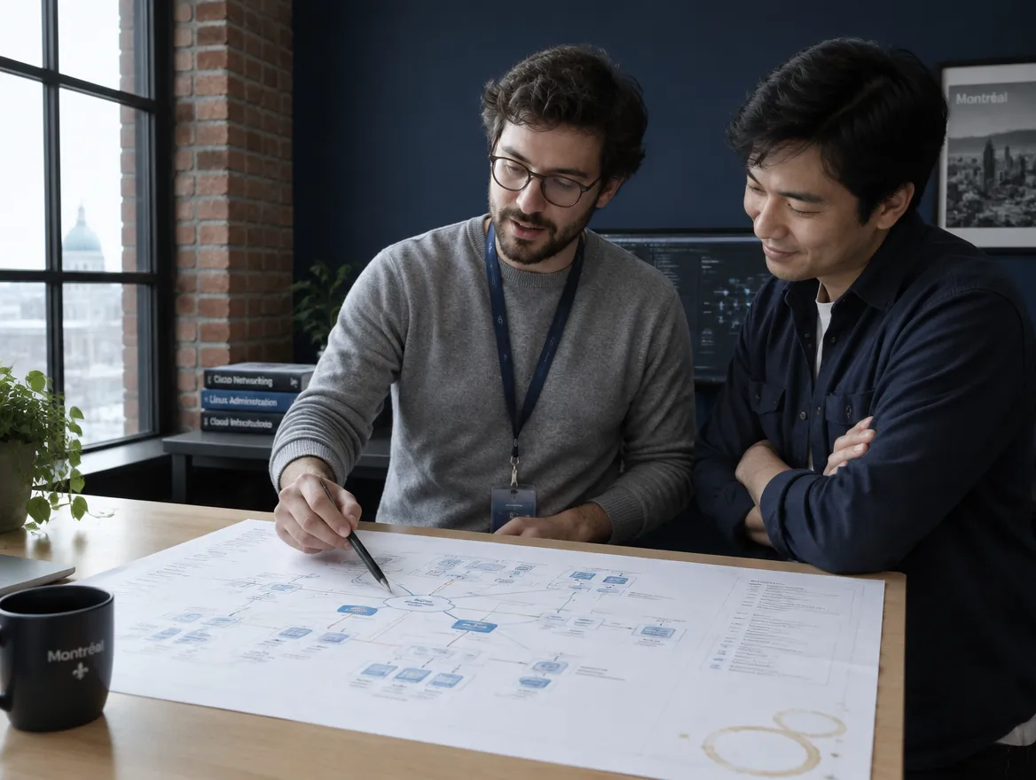 Deux ingénieurs à un bureau debout examinent un diagramme de réseau imprimé dans un bureau montréalais aux murs bleu marine