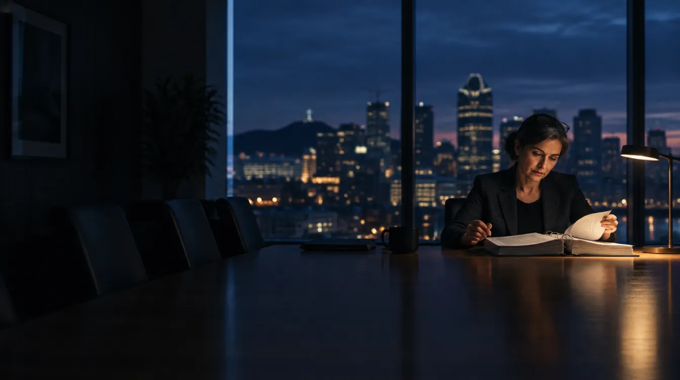 Compliance lead reviewing a printed ISO 27001 Statement of Applicability at a conference table in a Montreal office at dusk