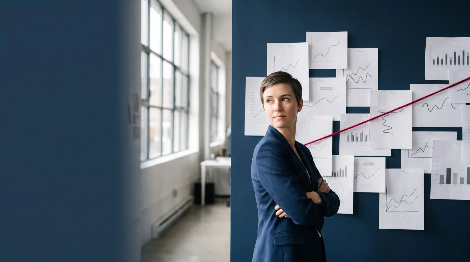 SEO strategist with arms crossed in front of a navy wall of pinned traffic and ranking charts linked by a crimson string