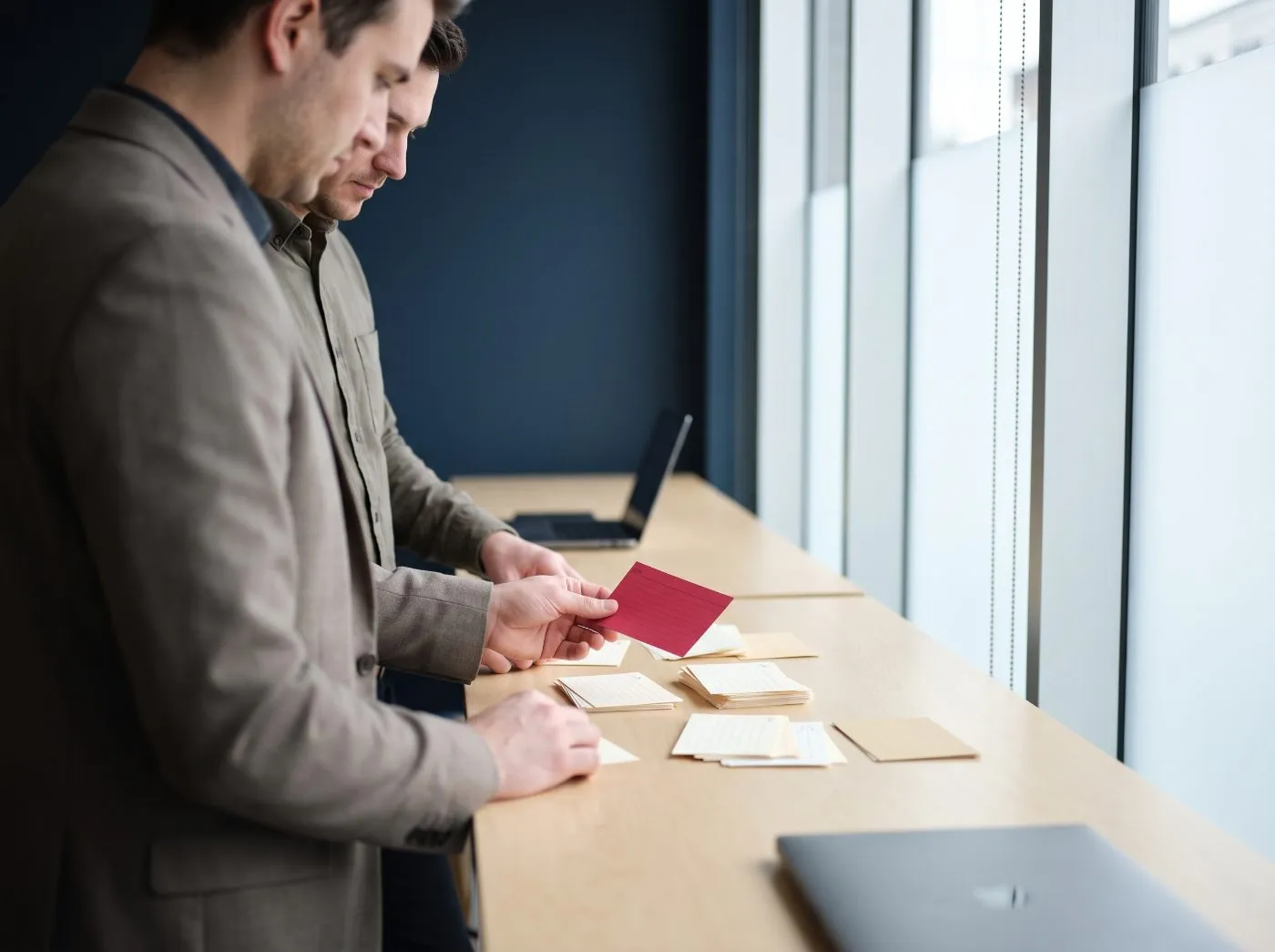 Two colleagues at a window-side standing desk sorting keyword index cards into clusters, one holding a crimson card