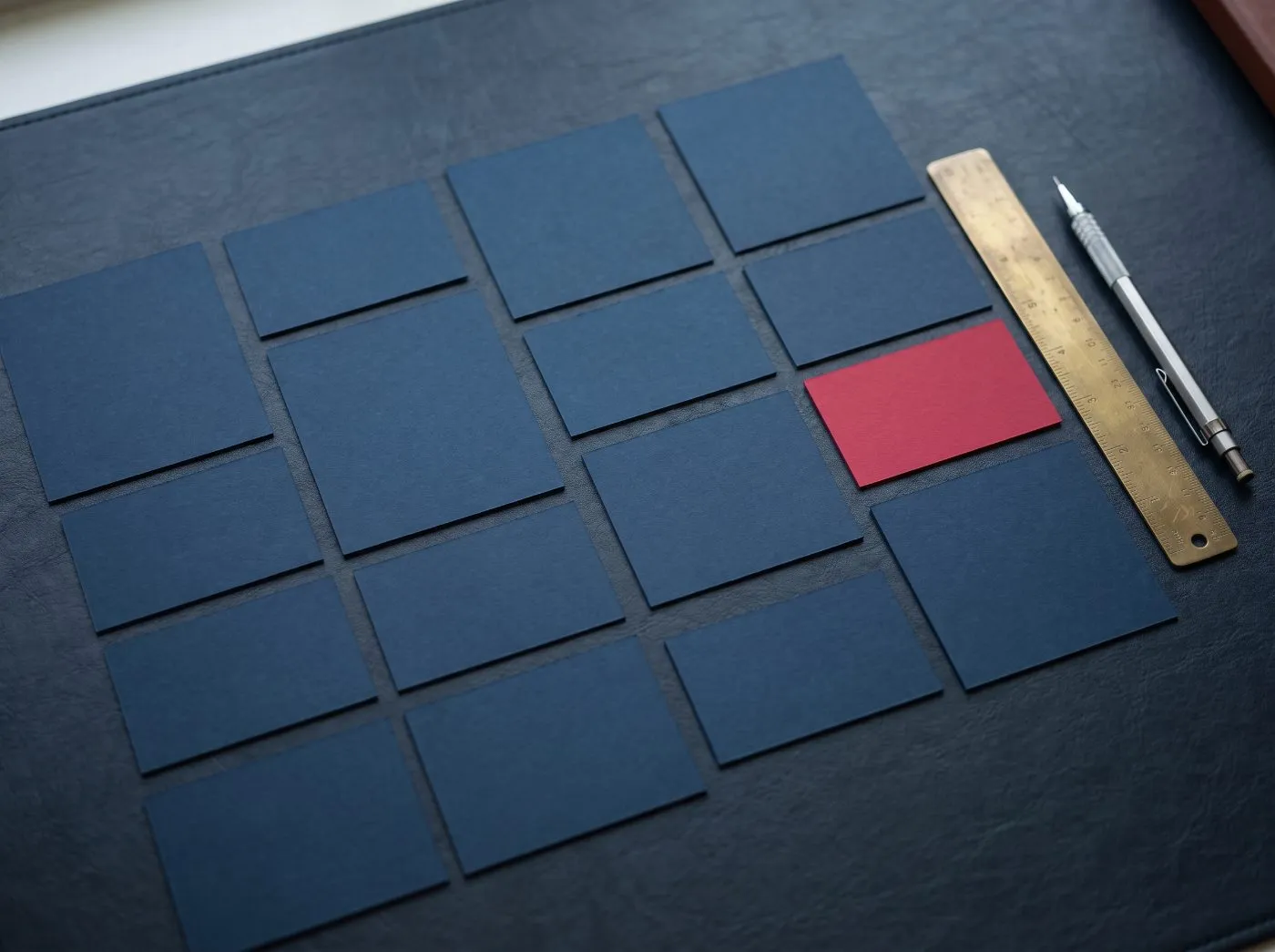 Des cartes de papier marine disposées en grille de mise en page adaptative sur un bureau d’ardoise, l’une cramoisie, avec une règle en laiton et un porte-mine à côté