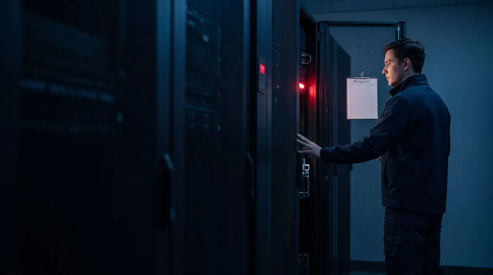 Engineer with a hand on an open server rack door, checking a clipped paper checklist beside a glowing crimson status light in a dim navy data room